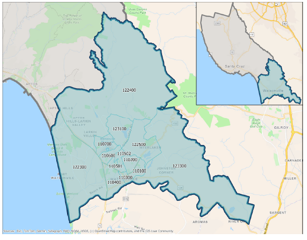 Map highlighting sections in South Santa Cruz County.